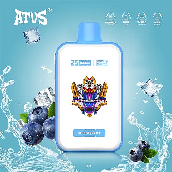 En blå ATVS vape-enhet med en färgglad robotdesign på framsidan, märkt "Blueberry Ice", placerad bland färska blåbär och isbitar mot en bakgrund av virvlande vatten, tillsammans med ikoner som indikerar funktioner som 2 500 puffar, 1 000 mAh batteri, 28 mL e-vätskekapacitet, Type-C laddningsteknik och dual coil-teknik.