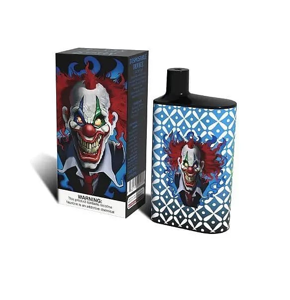 Un dispositivo per lo svapo usa e getta con l'illustrazione di un clown spaventoso sia sulla confezione che sul dispositivo stesso.