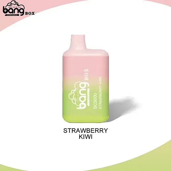 A pink and green disposable vape device labeled "Bang Box BCS5000 Strawberry Kiwi."