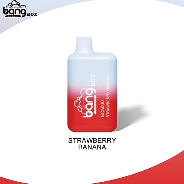 A small, portable vape device labeled "Bang Box BC5000 Strawberry Banana" with a gradient design from red to light blue.
