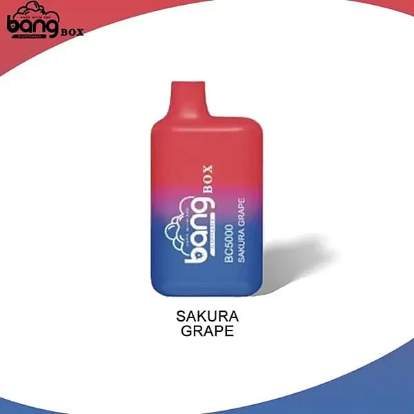 A red and blue disposable vape labeled "Bang Box BC5000 SAKURA GRAPE."