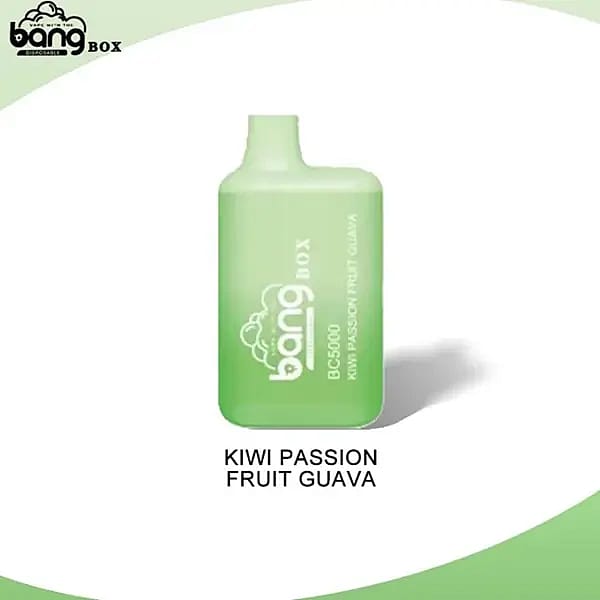 Green disposable vape device labeled "Bang Box BC5000" with the flavor "Kiwi Passion Fruit Guava."