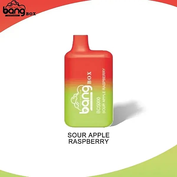 Red and green gradient vape device labeled "Bang Box BG5000 Sour Apple Raspberry."