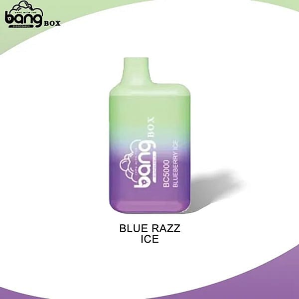 Bang Box BC5000 disposable vape in gradient green and purple colors with the label "BLUEBERRY ICE."