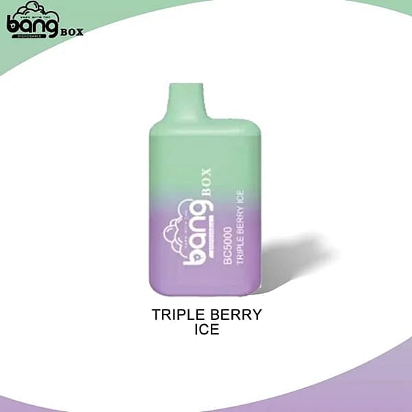 A green and purple gradient disposable vape device labeled "Bang Box BC5000 Triple Berry Ice" with the Bang Box logo.