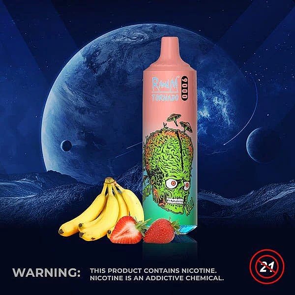 Un dispositivo di svapo colorato con la grafica di un cervello verde e di funghi, circondato da immagini di banane, fragole e ghiaccio, su uno sfondo a tema spaziale con pianeti. In basso è presente un'avvertenza sulla nicotina.