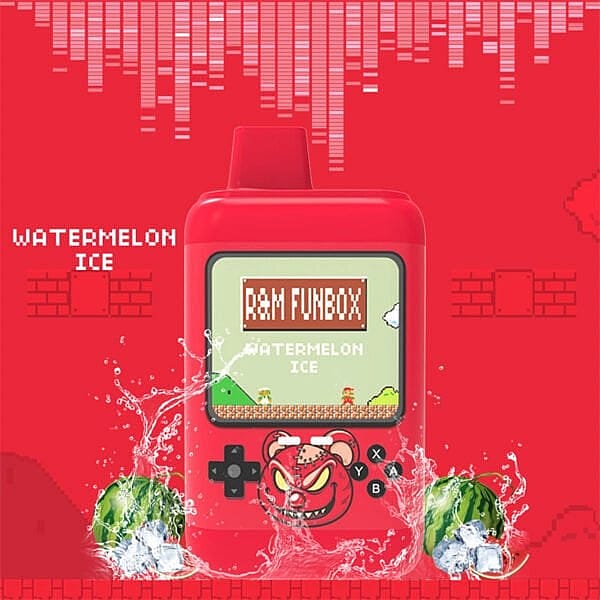 Röd handhållen spelkonsolformad enhet märkt "R&M FUNBOX Watermelon Ice", med en pixlad videospelsbakgrund och stänkande vattenmeloner i botten.