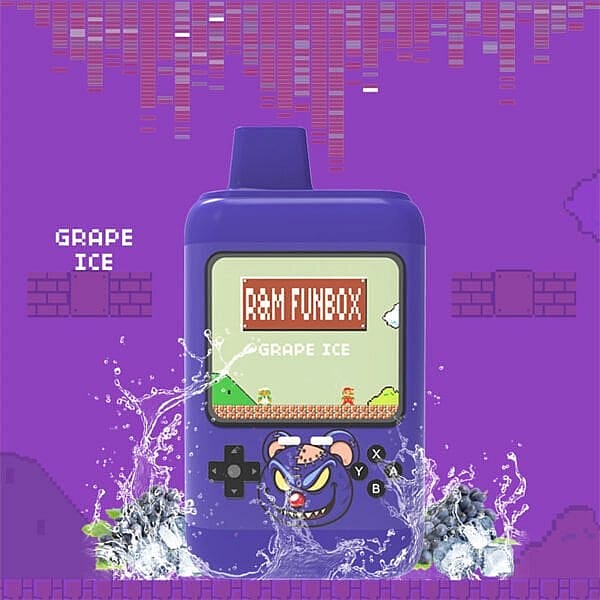 En lila, handhållen enhet som liknar en retro spelkonsol som visar "R&M FUNBOX GRAPE ICE" på sin skärm, med druvor och isillustrationer längst ner.