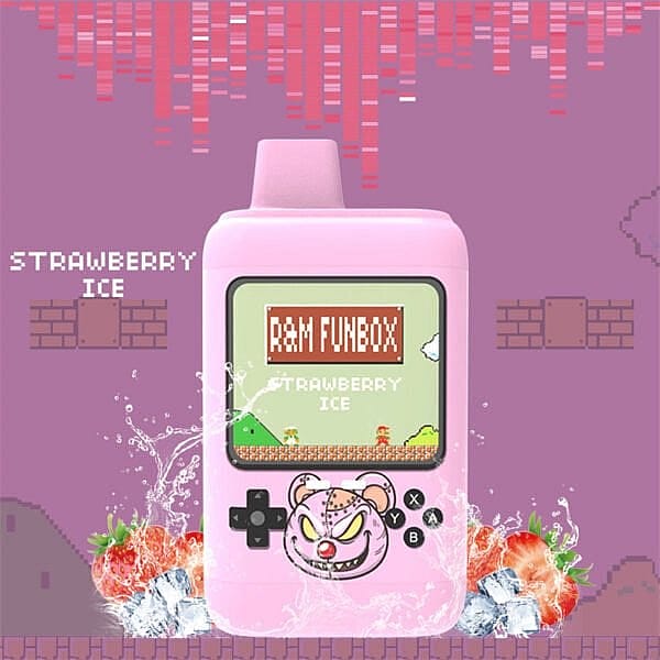 Rosa vape-enhet med retrospeldesign, märkt "R&M Funbox Strawberry Ice", omgiven av jordgubbar och isbitar på en pixlad bakgrund.