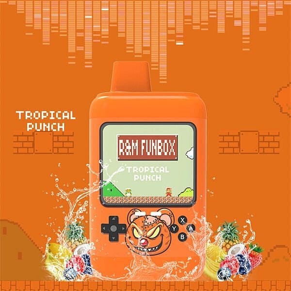 Orange handhållen spelenhet märkt "R&M Funbox" med en "Tropical Punch"-smak, med en björnkaraktär och omgiven av stänkande tropiska frukter.
