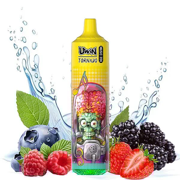 Einweg-Vape-Gerät „Tornado“ von Uwin mit farbenfrohem Zombie-Design, umgeben von plätscherndem Wasser und verschiedenen Beeren, darunter Erdbeeren, Brombeeren, Himbeeren und Blaubeeren.
