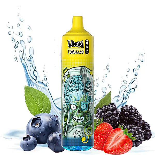 UWin Tornado-Vape-Gerät mit lebendiger Cartoon-Grafik einer intelligenten Figur, umgeben von plätscherndem Wasser, Blaubeeren, Brombeeren, Erdbeeren und Minzblättern.