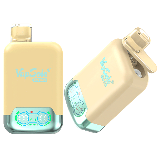 El vaporizador desechable VapSolo Twins 20K Puffs presenta sabores duales, una pantalla inteligente, flujo de aire ajustable, una bobina de malla de 1.0Ω y una batería de 650 mAh con tipo C.