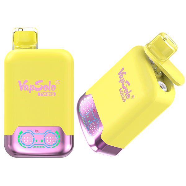 El vaporizador desechable VapSolo Twins 20K Puffs presenta sabores duales, una pantalla inteligente, flujo de aire ajustable, una bobina de malla de 1.0Ω y una batería de 650 mAh con tipo C.