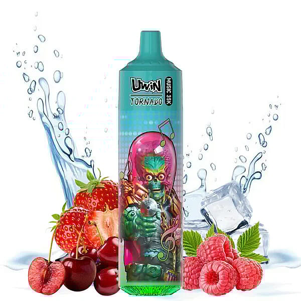 Ein farbenfrohes Vaping-Gerät mit der Aufschrift „Uwin Tornado“ und einer skurrilen Alienfigur auf dem Gehäuse, umgeben von frischen Erdbeeren, Kirschen, Himbeeren und Eiswürfeln vor einem Hintergrund aus Wasserspritzern.
