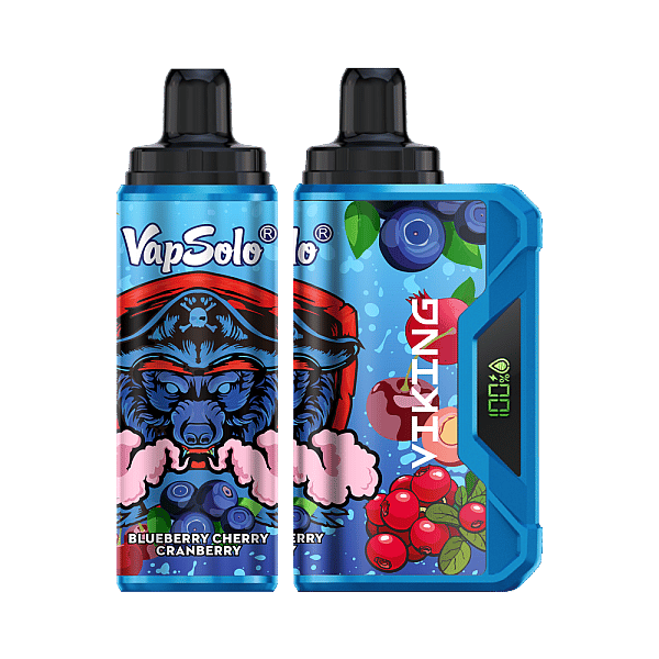 Två blå VapSolo vape-enheter med en häftig blå vargillustration, fruktbilder inklusive blåbär och körsbär, och märkestexten "Viking" och smakbeskrivningen "Blåbärskörsbärstranbär".