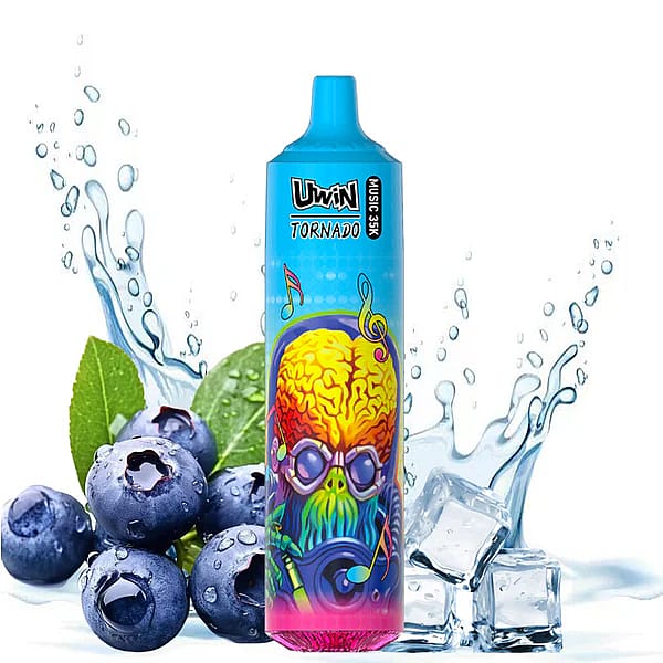 Farbenfrohes Vaping-Gerät mit der Aufschrift „UWin Tornado“ und lebendigem Design, umgeben von Blaubeeren, Eiswürfeln und Spritzeffekten.