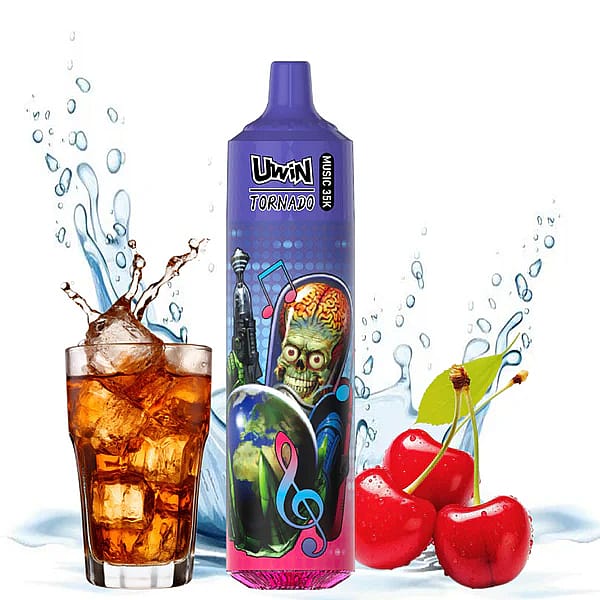Farbenfrohes Vape-Gerät mit einer Alien-Grafik neben einem Spritzer Cola mit Eis und Kirschen, das die Getränkearomen hervorhebt.
