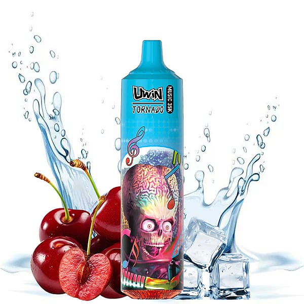 Ein farbenfrohes Vape-Gerät mit der Aufschrift „Uwin Tornado“, umgeben von Kirschen, Eiswürfeln und Wasserspritzern, mit einem dramatischen Design eines gehirnähnlichen Totenkopfs mit Musiknoten.