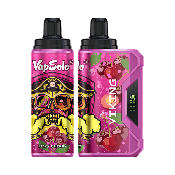 Två VapSolo vaping-enheter i rosa design, märkta "Fizzy Cherry", med en stiliserad skallegrafik och körsbärsillustrationer.