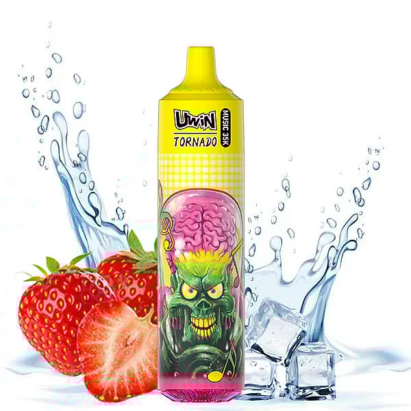 Farbenfrohes Vaping-Gerät mit der Aufschrift „Tornado“ und dem Bild eines grünen Comic-Monsters, umgeben von spritzendem Wasser, Erdbeeren und Eiswürfeln, das einen fruchtigen und erfrischenden Geschmack betont.