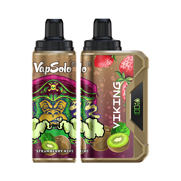 Två VapSolo vape-enheter med jordgubbs- och kiwi-design, med grafik av ett färgstarkt piratansikte som blåser rök och fruktillustrationer.