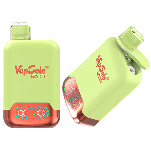 El vaporizador desechable VapSolo Twins 20K Puffs presenta sabores duales, una pantalla inteligente, flujo de aire ajustable, una bobina de malla de 1.0Ω y una batería de 650 mAh con tipo C.