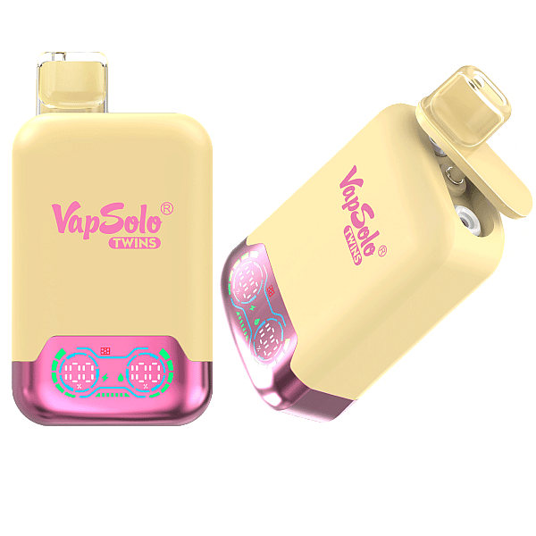 El vaporizador desechable VapSolo Twins 20K Puffs presenta sabores duales, una pantalla inteligente, flujo de aire ajustable, una bobina de malla de 1.0Ω y una batería de 650 mAh con tipo C.