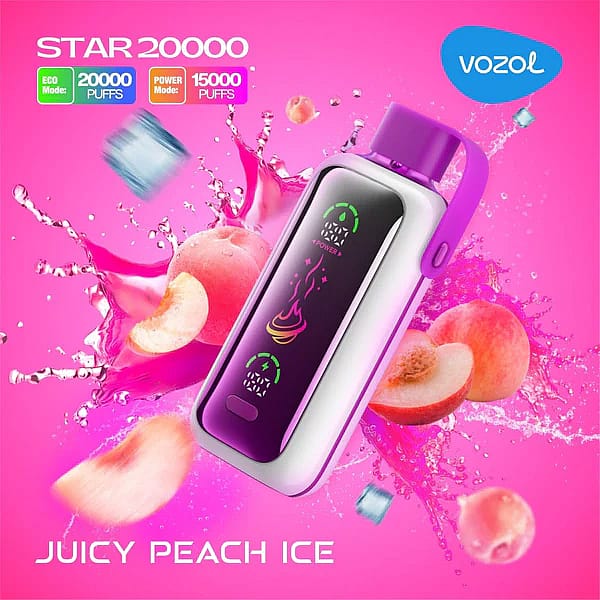 Werbebild des Vozol Star 20000 Vape-Geräts im Geschmack „Juicy Peach Ice“ mit rosa Hintergrund, Pfirsichen und Eiswürfeln und hervorgehobenen Eco- und Power-Modi, die 20.000 bzw. 15.000 Züge ermöglichen.
