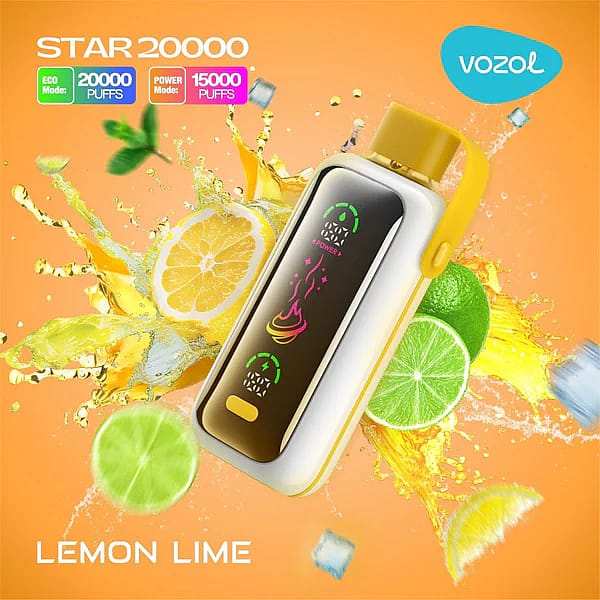 Werbebild des Vozol Star 20000 Vape-Geräts mit Zitronen-Limetten-Geschmack, mit einem gelb-schwarzen Design mit digitalen Zuganzeigen vor einem lebendigen Hintergrund aus Zitrusfruchtscheiben und -spritzern.