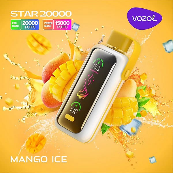 Werbebild des Einweg-Vaporizers Vozol Star 20000 Mango Ice. Das Gerät ist umgeben von Mangoscheiben, Eiswürfeln und lebendigen Grafiken, die den Öko- und Power-Modus für 20.000 bzw. 15.000 Züge hervorheben.