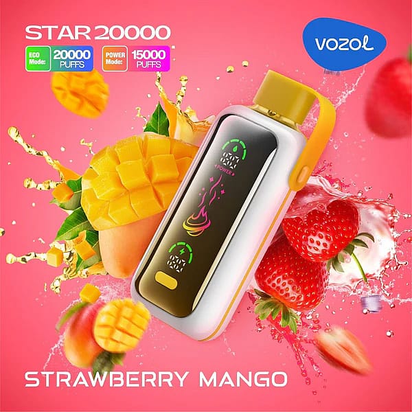 Werbebild des Vozol Star 20000-Vaping-Geräts mit Erdbeer-Mango-Geschmack, mit einem farbenfrohen Design mit Mangos und Erdbeeren im Hintergrund.