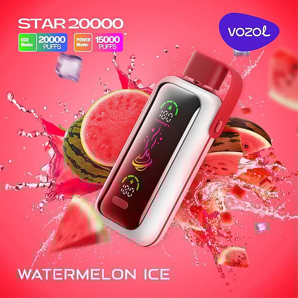 Ein elektronisches Vape-Gerät mit der Marke „Vozol Star 20000“ vor einem lebendigen Hintergrund mit Wassermelonenscheiben und Eiswürfeln, die den Geschmack „Wassermeloneneis“ veranschaulichen.