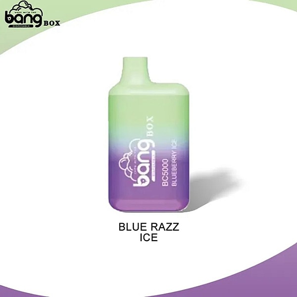 Bang Box BC5000 vape jetable en dégradé de couleurs vertes et violettes avec l'étiquette "BLUEBERRY ICE".