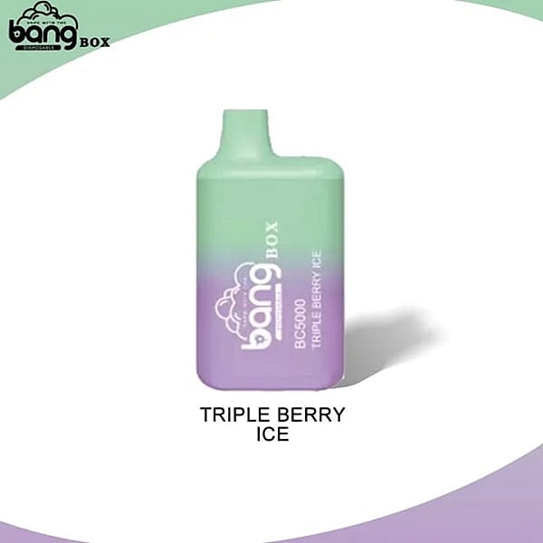 Un dispositif de vaporisation jetable dégradé vert et violet étiqueté "Bang Box BC5000 Triple Berry Ice" avec le logo Bang Box.