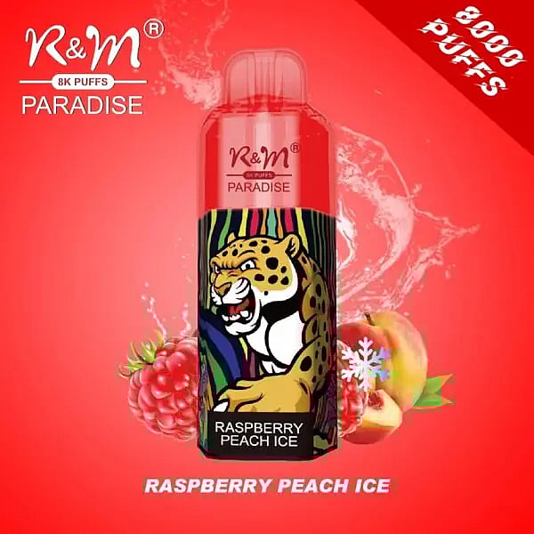 Dispositivo per svapare R&M Paradise con gusto ghiacciolo alla pesca e lampone e grafica raffigurante un giaguaro, dotato di 8000 tiri.
