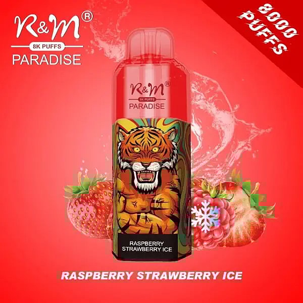 R&M Paradise vape al gusto di lampone e fragola ghiacciata, con l'illustrazione di una tigre sulla confezione.