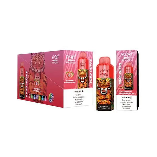 Una scatola e un dispositivo per svapare usa e getta raffiguranti una tigre, etichettati con le scritte "R&M Paradise" e "8000 Puffs", al gusto "Raspberry Strawberry Ice".