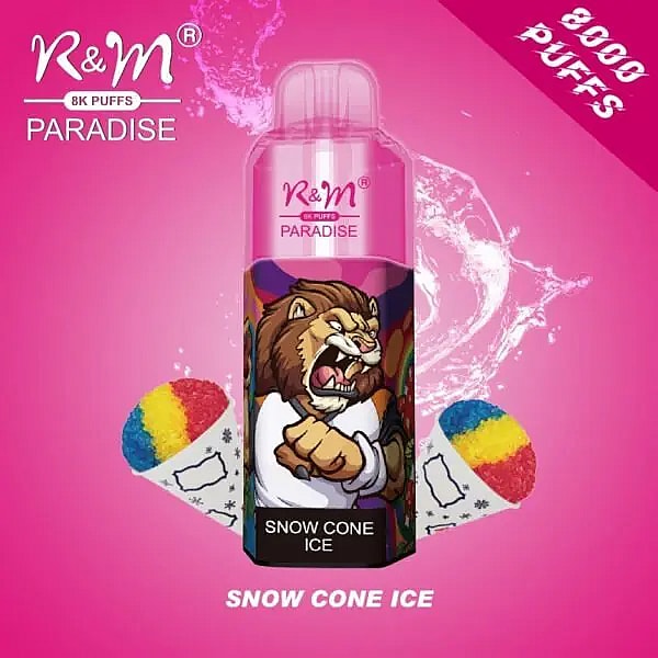 Penna per svapare R&M Paradise con 8000 boccate, caratterizzata dal sapore Snow Cone Ice e dall'illustrazione di un leone sulla confezione.