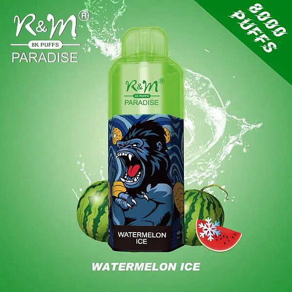 R&M Paradise, vaporizzatore usa e getta da 8000 boccate al gusto di anguria ghiacciata, caratterizzato dall'immagine di un gorilla ruggente e due illustrazioni di angurie su sfondo verde.