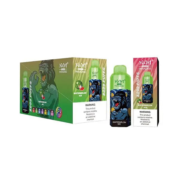 Una scatola e una bottiglia di vaporizzatore usa e getta R&M Paradise etichettate "Watermelon Ice" con 8000 boccate, caratterizzate da un design verde e dall'illustrazione di un gorilla ruggente.