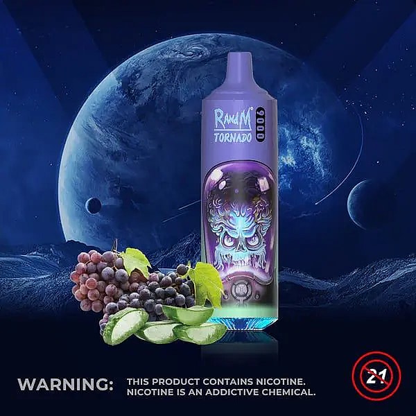 A purple vape device labeled "R and M Tornado" with an image of a menacing face, accompanied by grapes and cucumber slices, set against a cosmic background. Warning text about nicotine is displayed at the bottom.