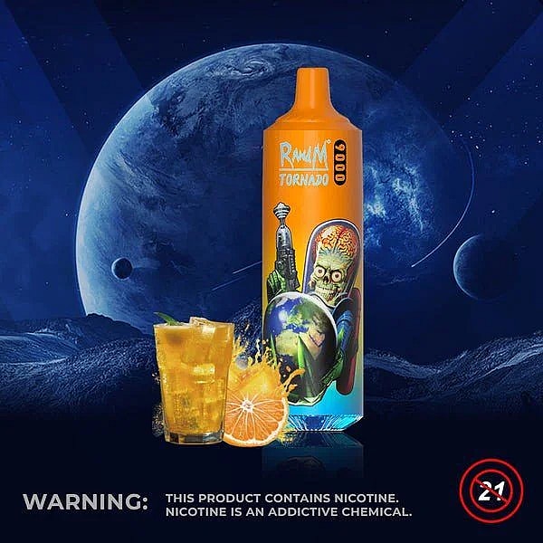 A brightly colored vape device labeled "R&M Tornado" featuring a sci-fi alien design, with a glass of orange drink and a sliced orange in the foreground.