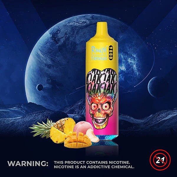 A brightly colored vape device with a skull design on the front, labeled "R and M Tornado 9000," is displayed against a cosmic background with a planet. Fruits like pineapple, peach, and mango are arranged in front. Warning text below states: "This product contains nicotine. Nicotine is an addictive chemical."