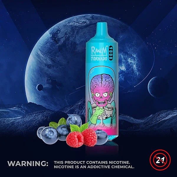 A vaping device labeled "RAWLM Tornado" featuring a colorful design with a cartoon alien character, surrounded by blueberries and raspberries on a cosmic background. Warning: This product contains nicotine.