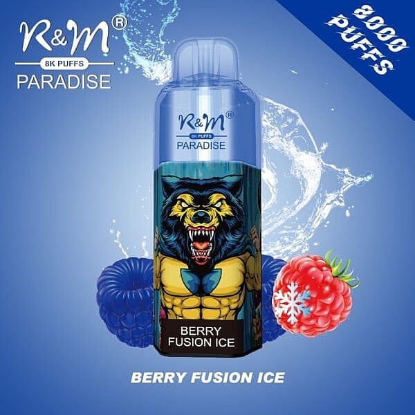 R&M Paradise vape con 8000 boccate al gusto Berry Fusion Ice, caratterizzato dall'illustrazione di un lupo muscoloso e ruggente sulla confezione.