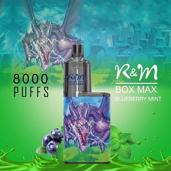 R&M Box Max vape-enhet med 8000 puffar, blåbärsmintsmak, med en drakegrafik på kroppen.