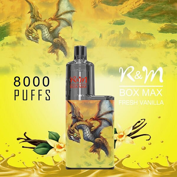 Vape-enhet med en kapacitet på 8000 puffar, med en drakedesign och märkt "R&M Box Max Fresh Vanilla."