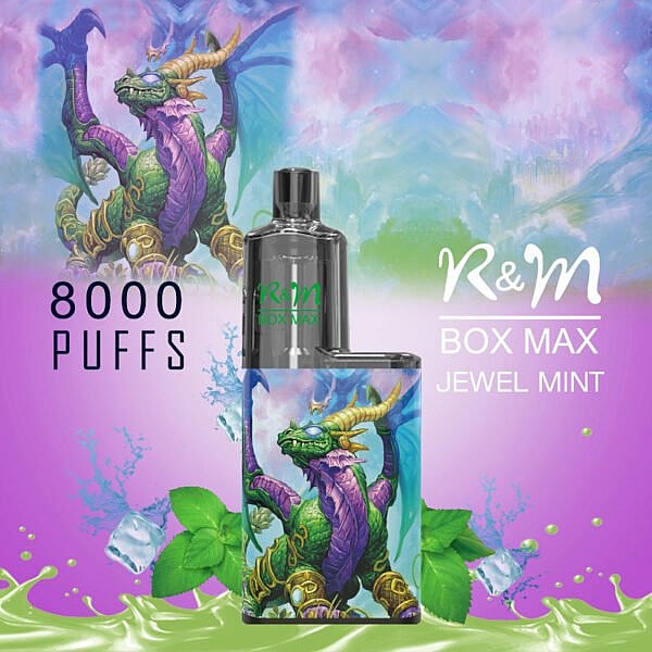 R&M Box Max vape-enhet med Jewel Mint-smak, med en färgstark drakdesign och text som indikerar 8000 bloss.