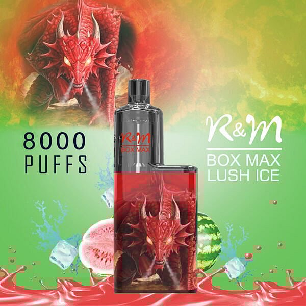 R&M Box Max Lush Ice vape-enhet med röd drakedesign, kapacitet på 8000 puffar, visas tillsammans med vattenmelon och isbilder.